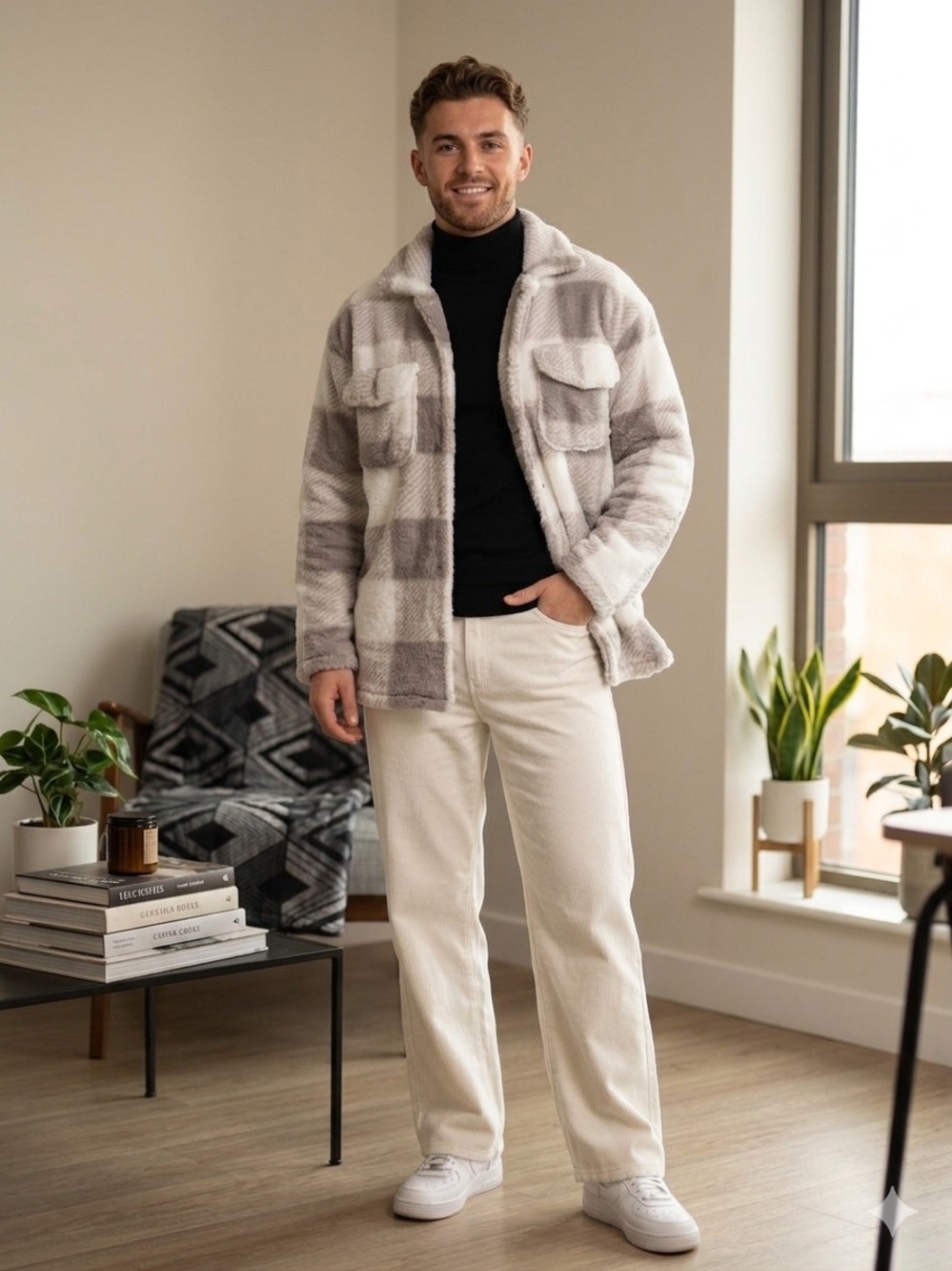 Cozy Plaid Shacket Jacket in Light Gray & White